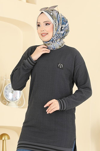 moda selvim Ribana Detay Armalı Tunik 708PM271 Antrasit - Thumbnail