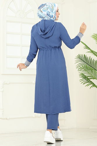 moda selvim Ribana Detay Kapşonlu Takım 2716SL432 İndigo - Thumbnail