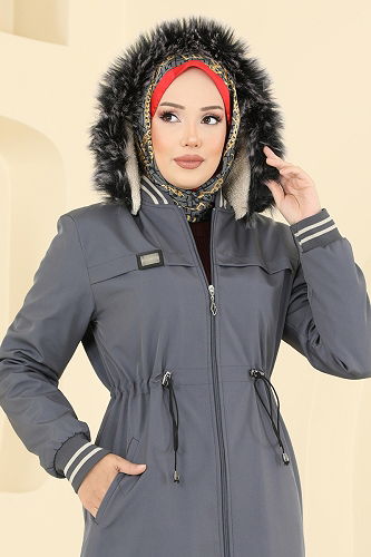 moda selvim Ribana Detay Kürklü Kaban 2824MSA980 Antrasit - Thumbnail