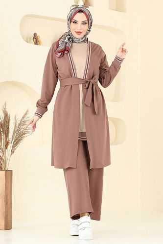 moda selvim Ribana Detay Üçlü Takım PL9128 Açık Kahve - Thumbnail