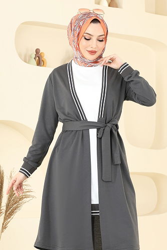 moda selvim Ribana Detay Üçlü Takım PL9128 Antrasit - Thumbnail