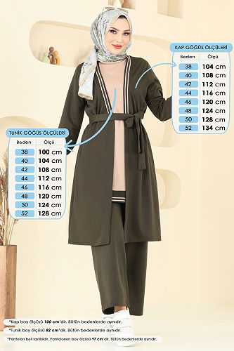 moda selvim Ribana Detay Üçlü Takım PL9128 Haki - Thumbnail