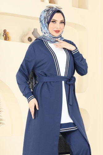 moda selvim Ribana Detay Üçlü Takım PL9128 İndigo - Thumbnail