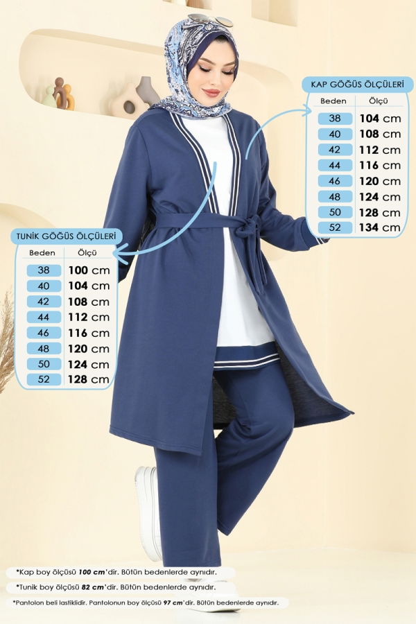 Modaselvim Kombin Ribana Detay Üçlü Takım PL9128 İndigo