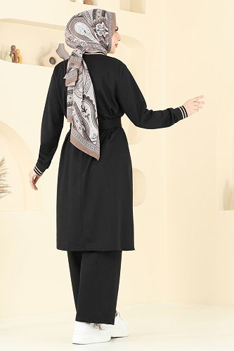 moda selvim Ribana Detay Üçlü Takım PL9128 Siyah - Thumbnail