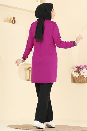 moda selvim Ribana Detaylı 2 li Takım 2823SLK540 Fuşya - Thumbnail