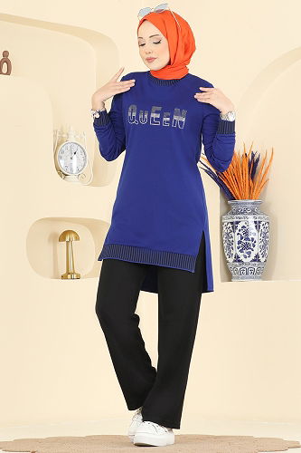 moda selvim Ribana Detaylı 2 li Takım 2823SLK540 Saks - Thumbnail