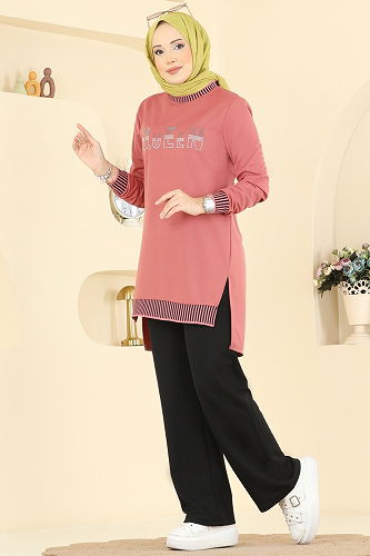 moda selvim Ribana Detaylı 2 li Takım 2823SLK540 Somon - Thumbnail