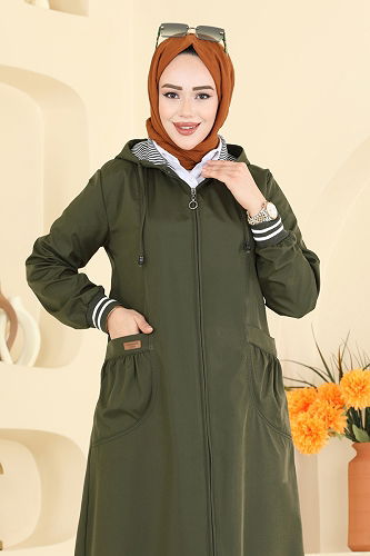 moda selvim Ribana Detaylı Bondit Trençkot 1418ORG1169 Haki - Thumbnail