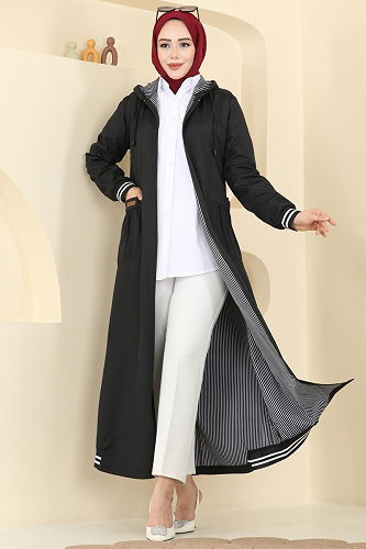 moda selvim Ribana Detaylı Bondit Trençkot 1418ORG1169 Siyah - Thumbnail