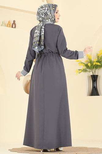 moda selvim Ribana Detaylı Dabıl Ferace 2807SL432 Antrasit - Thumbnail