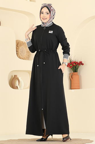 moda selvim Ribana Detaylı Dabıl Ferace 2807SL432 Siyah - Thumbnail