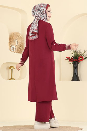 moda selvim Ribana Detaylı İki İplik Takım PL9193 Bordo - Thumbnail