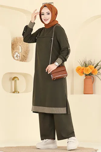 moda selvim Ribana Detaylı İki İplik Takım PL9193 Haki - Thumbnail