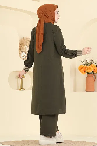 moda selvim Ribana Detaylı İki İplik Takım PL9193 Haki - Thumbnail