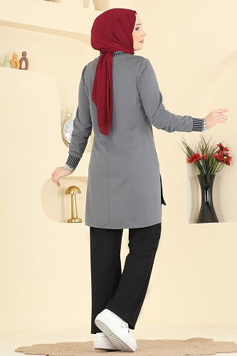 moda selvim Ribana Detaylı İkili Takım 2823SLK540 Gri - Thumbnail