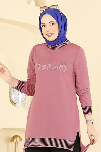 moda selvim Ribana Detaylı İkili Takım 2823SLK540 Gül Kurusu - Thumbnail