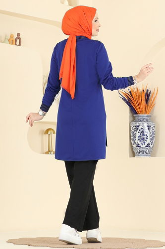 moda selvim Ribana Detaylı İkili Takım 2823SLK540 Saks - Thumbnail