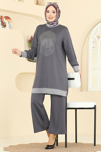 moda selvim Ribana Detaylı İkili Takım 3462UZ662 Antrasit - Thumbnail