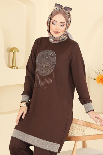 moda selvim Ribana Detaylı İkili Takım 3462UZ662 Kahve - Thumbnail