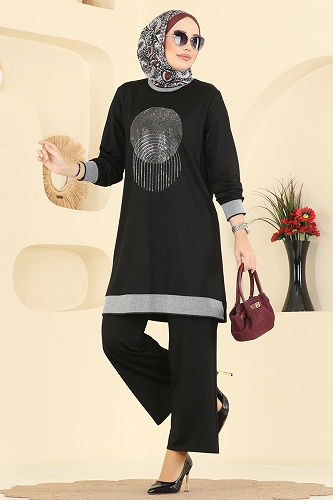 moda selvim Ribana Detaylı İkili Takım 3462UZ662 Siyah - Thumbnail