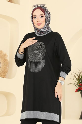 moda selvim Ribana Detaylı İkili Takım 3462UZ662 Siyah - Thumbnail