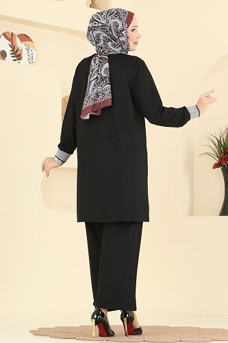 moda selvim Ribana Detaylı İkili Takım 3462UZ662 Siyah - Thumbnail