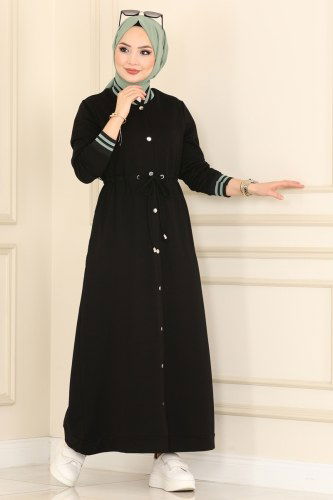 moda selvim Ribana Detaylı Spor Ferace 7099NZR779 Siyah&Mint - Thumbnail