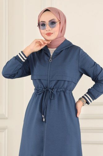 moda selvim Ribana Detaylı Spor Ferace 7102NZR779 İndigo&Ekru - Thumbnail