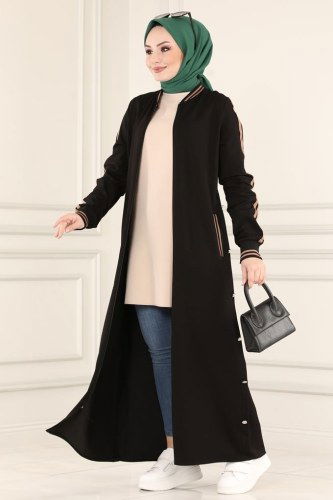moda selvim Ribana Detaylı Spor Ferace PL8031 Siyah - Thumbnail