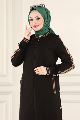 moda selvim Ribana Detaylı Spor Ferace PL8031 Siyah - Thumbnail