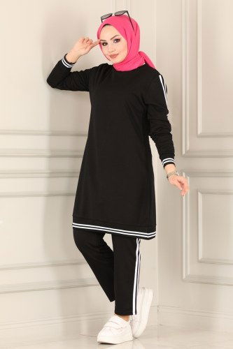 moda selvim Ribana Detaylı Spor Takım 5555ASY563 Siyah - Thumbnail