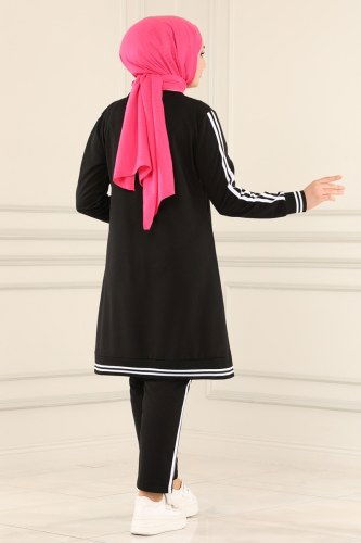 moda selvim Ribana Detaylı Spor Takım 5555ASY563 Siyah - Thumbnail