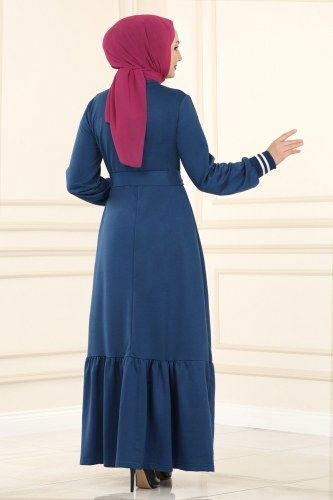 moda selvim Ribana Detaylı Tesettür Elbise 1042MRT754 İndigo - Thumbnail