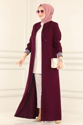 moda selvim Ribana Detaylı Tesettür Ferace 066PD194 Bordo - Thumbnail