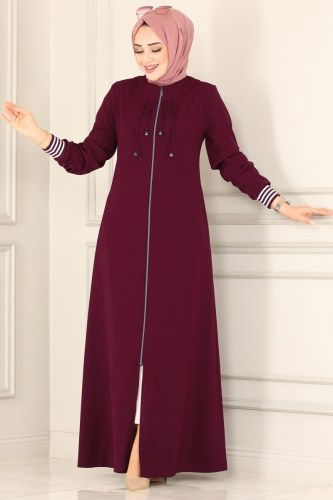 moda selvim Ribana Detaylı Tesettür Ferace 066PD194 Bordo - Thumbnail