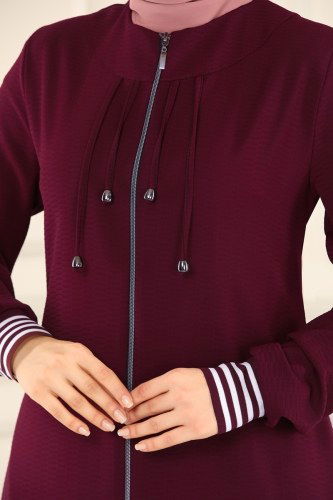 moda selvim Ribana Detaylı Tesettür Ferace 066PD194 Bordo - Thumbnail
