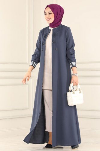 moda selvim Ribana Detaylı Tesettür Ferace 066PD194 Füme - Thumbnail