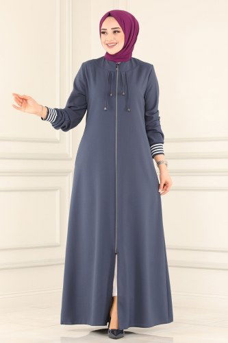 moda selvim Ribana Detaylı Tesettür Ferace 066PD194 Füme - Thumbnail