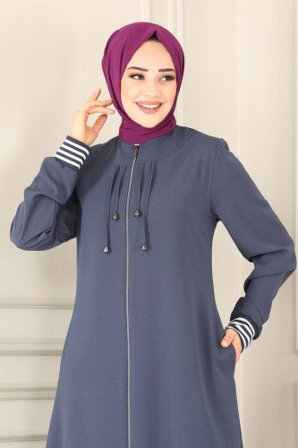 moda selvim Ribana Detaylı Tesettür Ferace 066PD194 Füme - Thumbnail