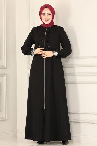 moda selvim Ribana Detaylı Tesettür Ferace 066PD194 Siyah - Thumbnail