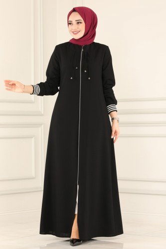 moda selvim Ribana Detaylı Tesettür Ferace 066PD194 Siyah - Thumbnail