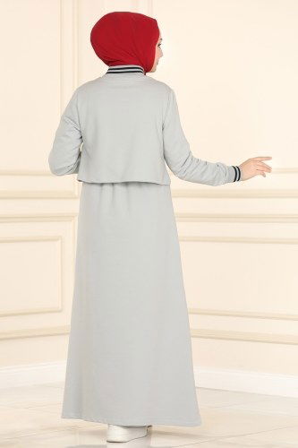 moda selvim Ribana Detaylı Tesettür İkili Takım 7040NZR779 Gri - Thumbnail