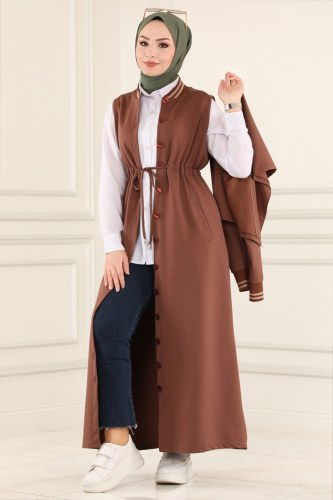 moda selvim Ribana Detaylı Tesettür İkili Takım 7040NZR779 Kahve - Thumbnail