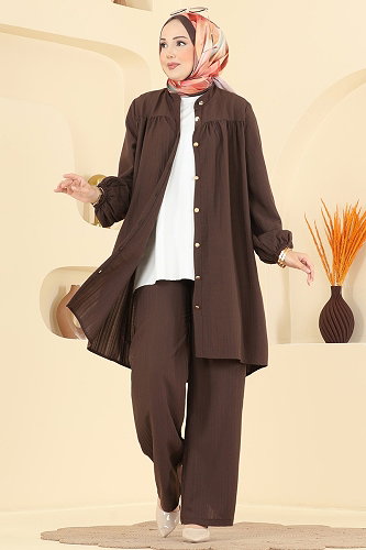 moda selvim Roba Detaylı 2 li Takım 013ZMRK1203 Acı Kahve - Thumbnail
