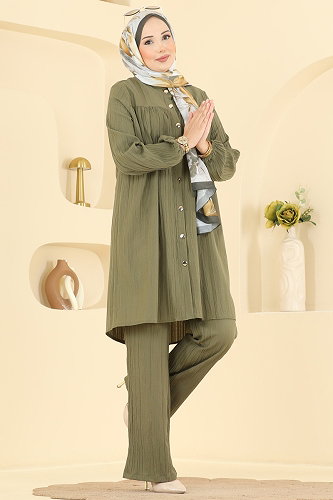 moda selvim Roba Detaylı 2 li Takım 013ZMRK1203 Haki - Thumbnail