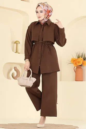 moda selvim Rüzgarlık Detaylı Dabıl Takım 0844LVA1173 Acı Kahve - Thumbnail
