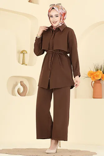 moda selvim Rüzgarlık Detaylı Dabıl Takım 0844LVA1173 Acı Kahve - Thumbnail