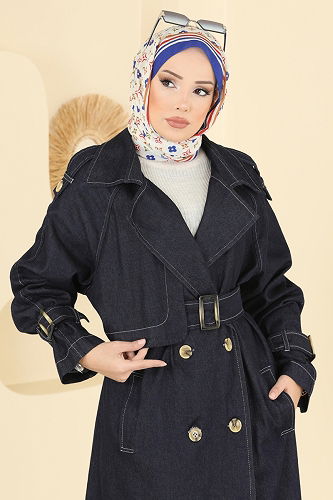 moda selvim Rüzgarlık Detaylı Kot Trençkot 6226ANT466 Koyu Kot - Thumbnail