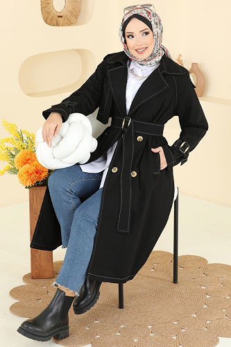 moda selvim Rüzgarlık Detaylı Kot Trençkot 6226ANT466 Siyah - Thumbnail